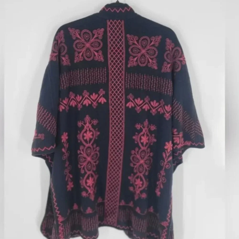 Johnny Was Embroidered Open Front Kimono Black Fuchsia Bohemian Cotton Cardigan